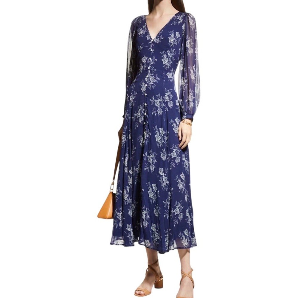 Polo Ralph Lauren Dress Womens Size 12 Blue Floral Button Front Midi